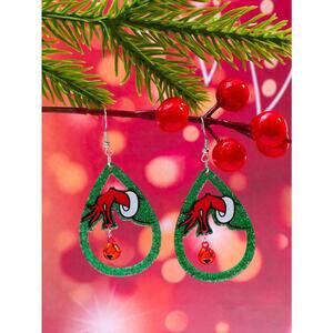 Dr Seuss Grinch Green Glitter Teardrop Dangle w/ Jingle Bell Christmas Earrings